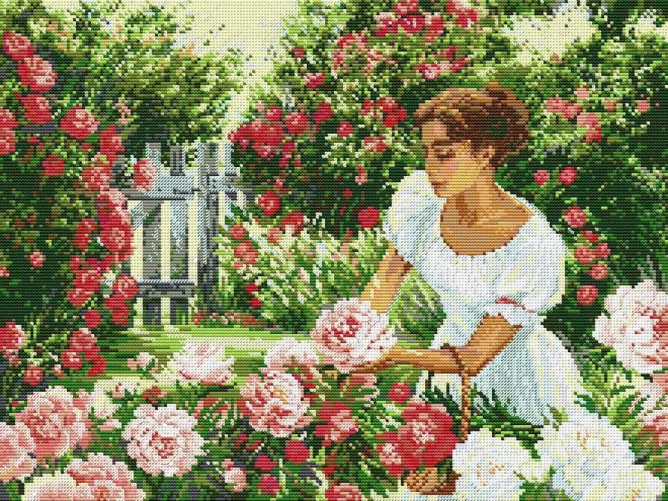 Garden Girl DIY Character Floral Patterns Cross Stitch Kits 14 16 11CT White Canvas Printed Fabric Embroidery Home Decor Crafts