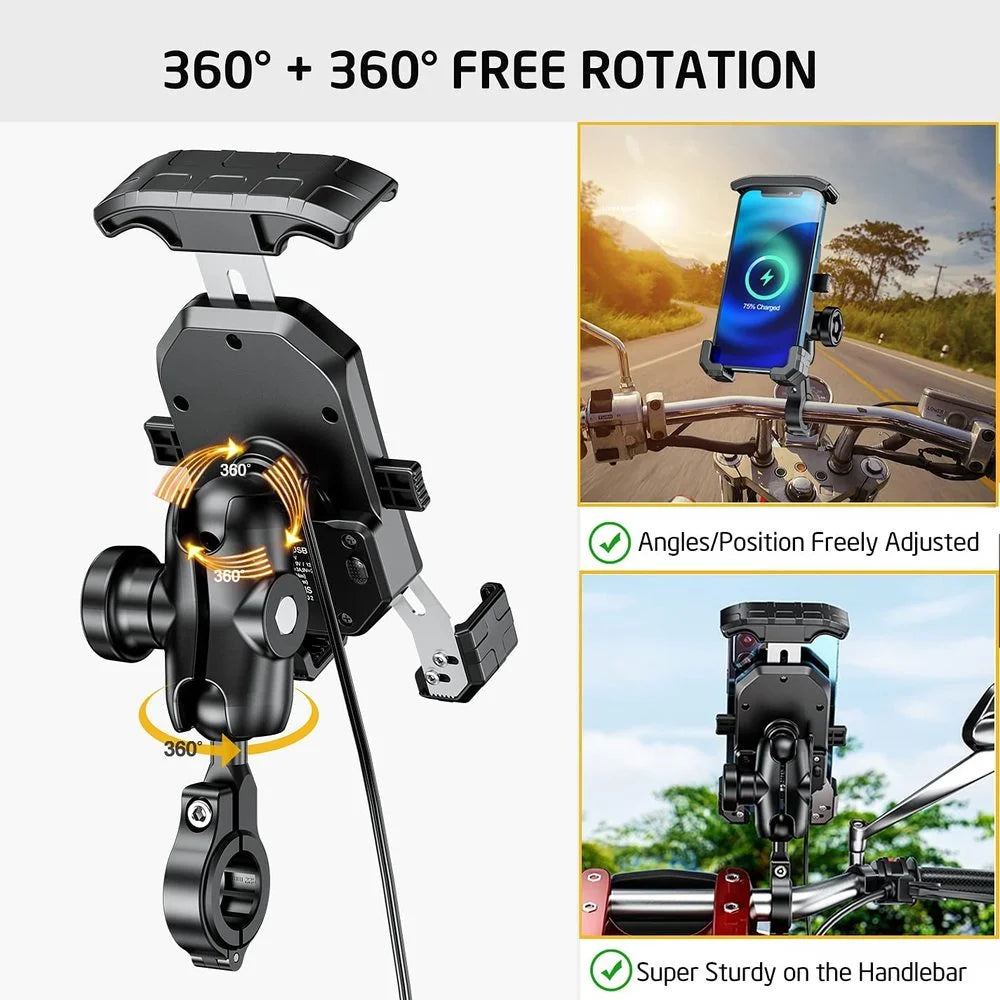 2022 Upgraded 12V Motorcycle Phone Holder 20W Type C PD Quick Charger 15W Wireless Charger Cradle Holder for 4.0-7.0" Cellphone