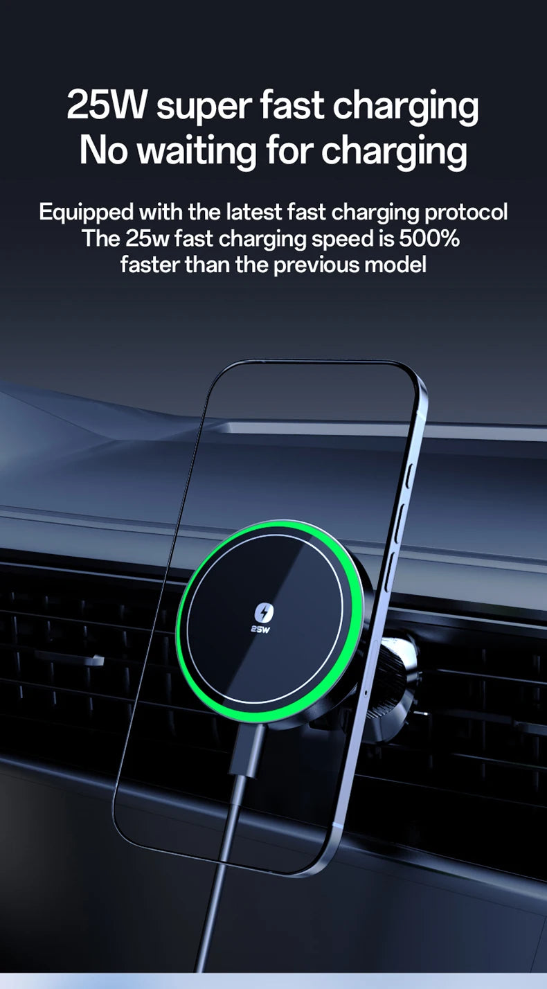 25W Air-Cooling Car Wireless Charger LED Light Phone Stand Magnetic Fast Charging Station For Magsafe iPhone 17~12 Pro Max
