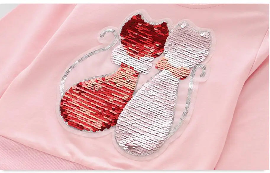Cute Cat Baby Girls Hoody Sweatshirt Toddler Kids Cotton Sequins Cartoon Sweater Children Spring Autumn Clothes Tops