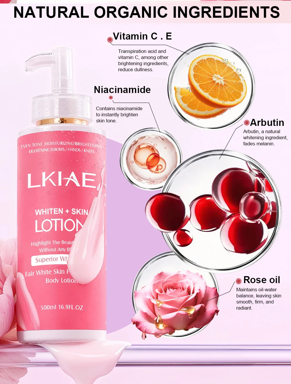 LKIAE Fair White Body Lotion for Bright & Healthy Skin, Moisturizing, Reduce Spots, Enhance Radiance, Evens Skin Tone, 500ml