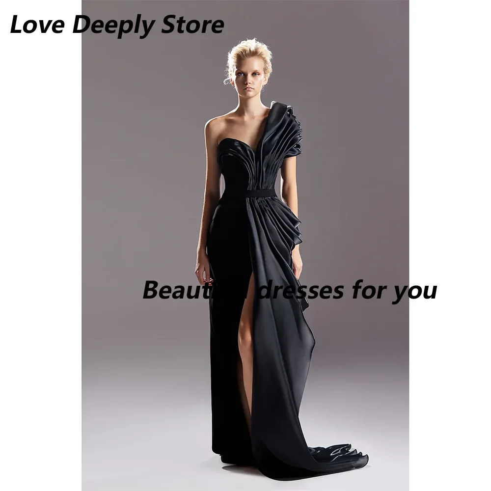 Black Evening Dress Sexy One Shoulder A Line Evening Gowns Pleated Thigh Slit Elegant Women's Formal Party Dresses Customized