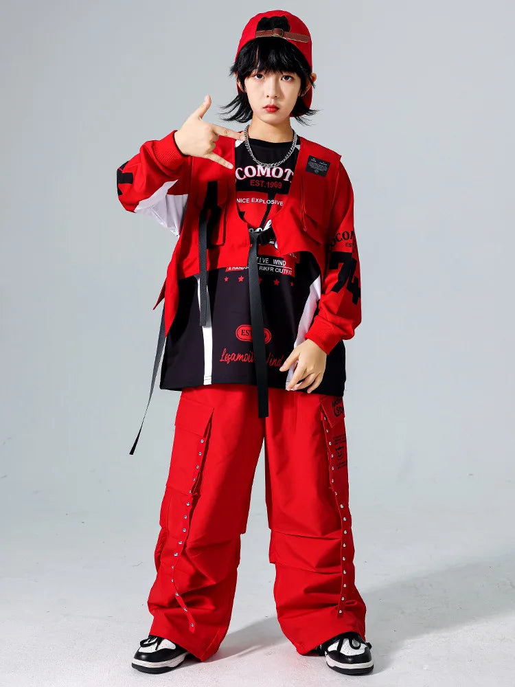 Boys Hip Hop Cool Sweatshirt Vest Cargo Pants Girls Fashion Jazz Street Dance Costume Children Clothes Set Kids K-pop Streetwear