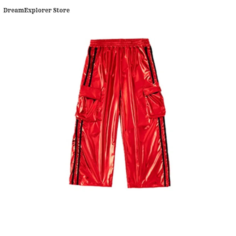 Boys Hip Hop Sweatshirt Shiny Vest Street Dance Cargo Pants Girls K-pop Clothes Set Kids Jazz Red Costumes Children Streetwear