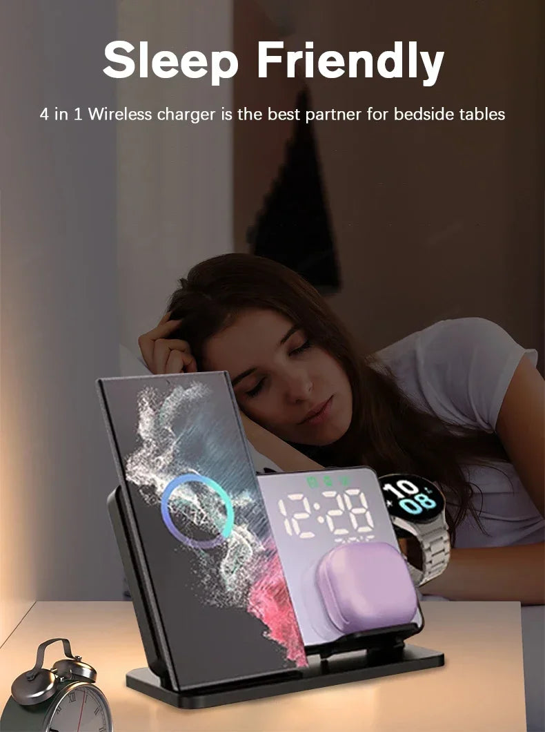 3 in 1 Wireless Charger For Apple Samsung Galaxy Watch 6 5 Pro S24 S23 S22 Fast Charging Station Alarm Clock Phone Charger Stand