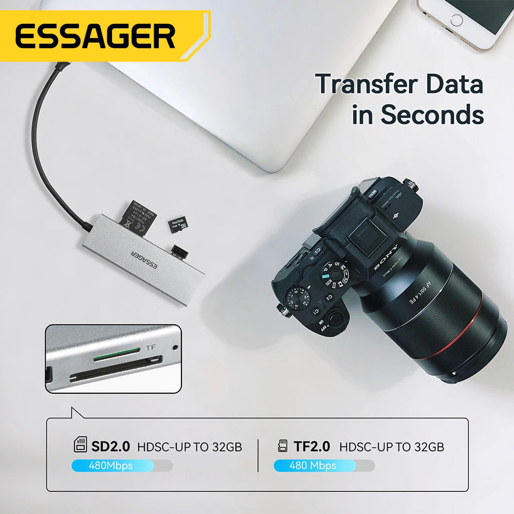 Essager USB C Type C Cable Hub Extender High Speed USB 3.0 2.0 SD