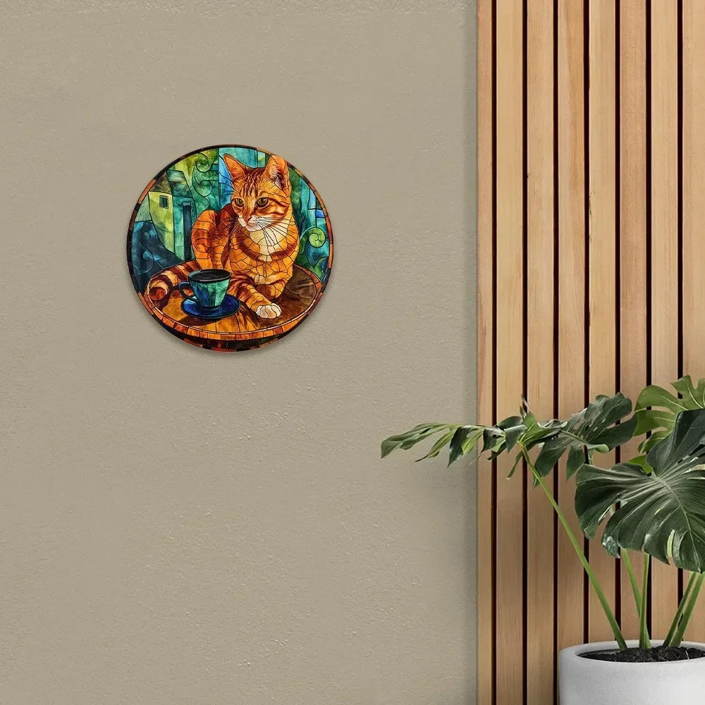 Cute Black Cat Gift Theme Round Metal Aluminum Sign Art Desktop Decorative Plates for Bar Cafe Club Yard Home Office Wall Decor