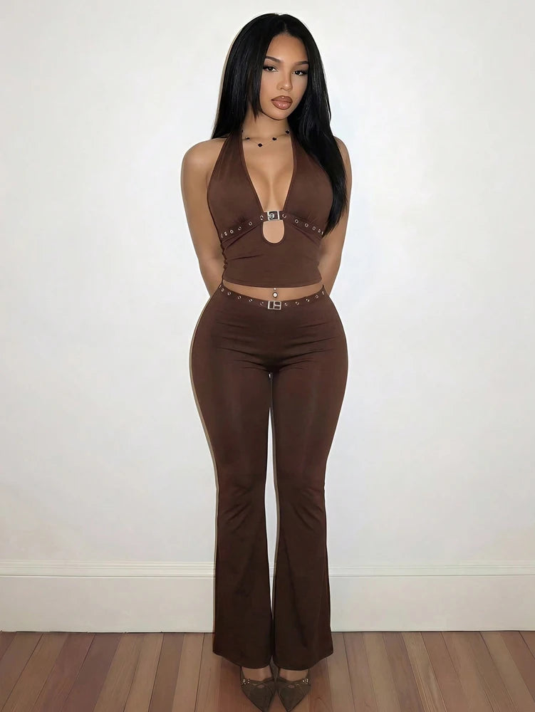 Y2K Street Fashion Loungewear Woman Sets Studded Halter Neck - Black