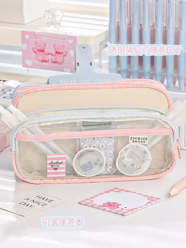 Kawaii Pencil Bag Large Capacity 3 Compartments Pencil Case Pen Pouch Desk Organizer School Supplies Cute Korean Stationery