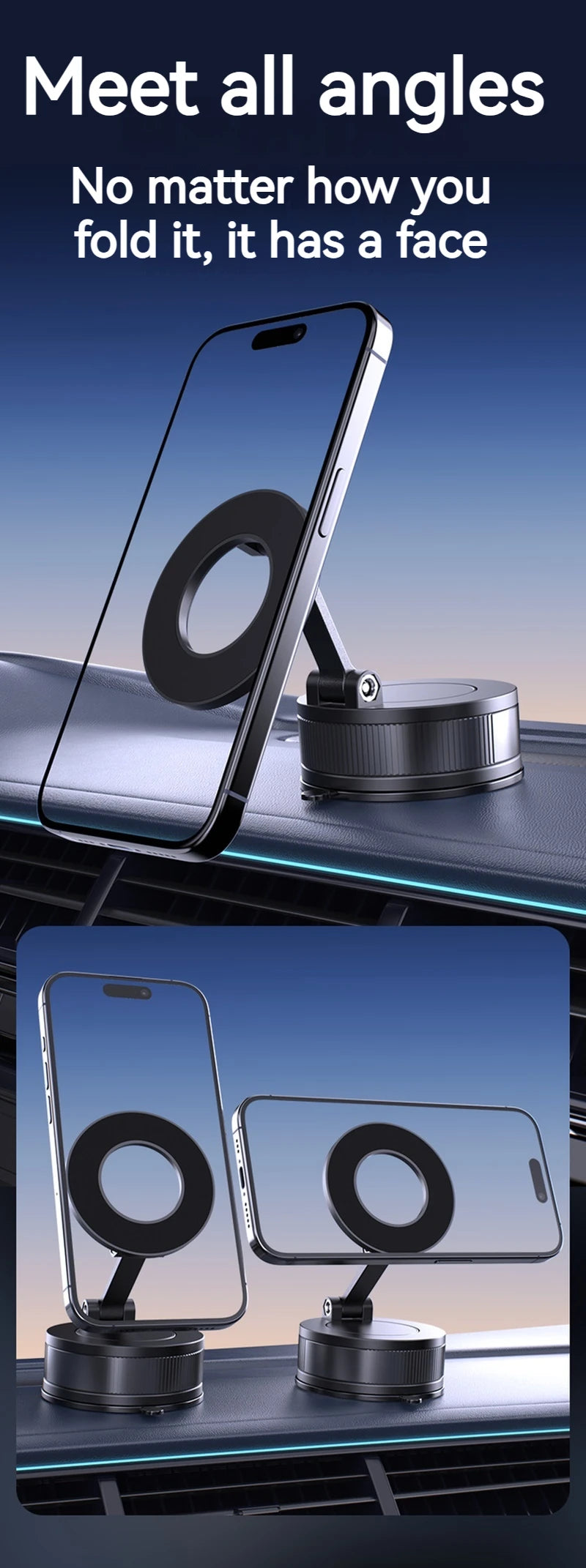 Foldable and Rotatable Metal Vacuum Suction Magnetic Car Holder Suitable for Kitchen Bath Gym Compatible with All Mobile Phones