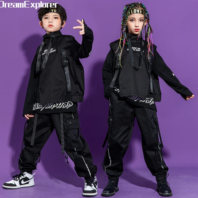Boy Hip Hop Girl High Collar Vest Cargo Pants Outfits Child Sweatshirt Joggers Street Dance Kids Waistcoat Streetwear Costumes