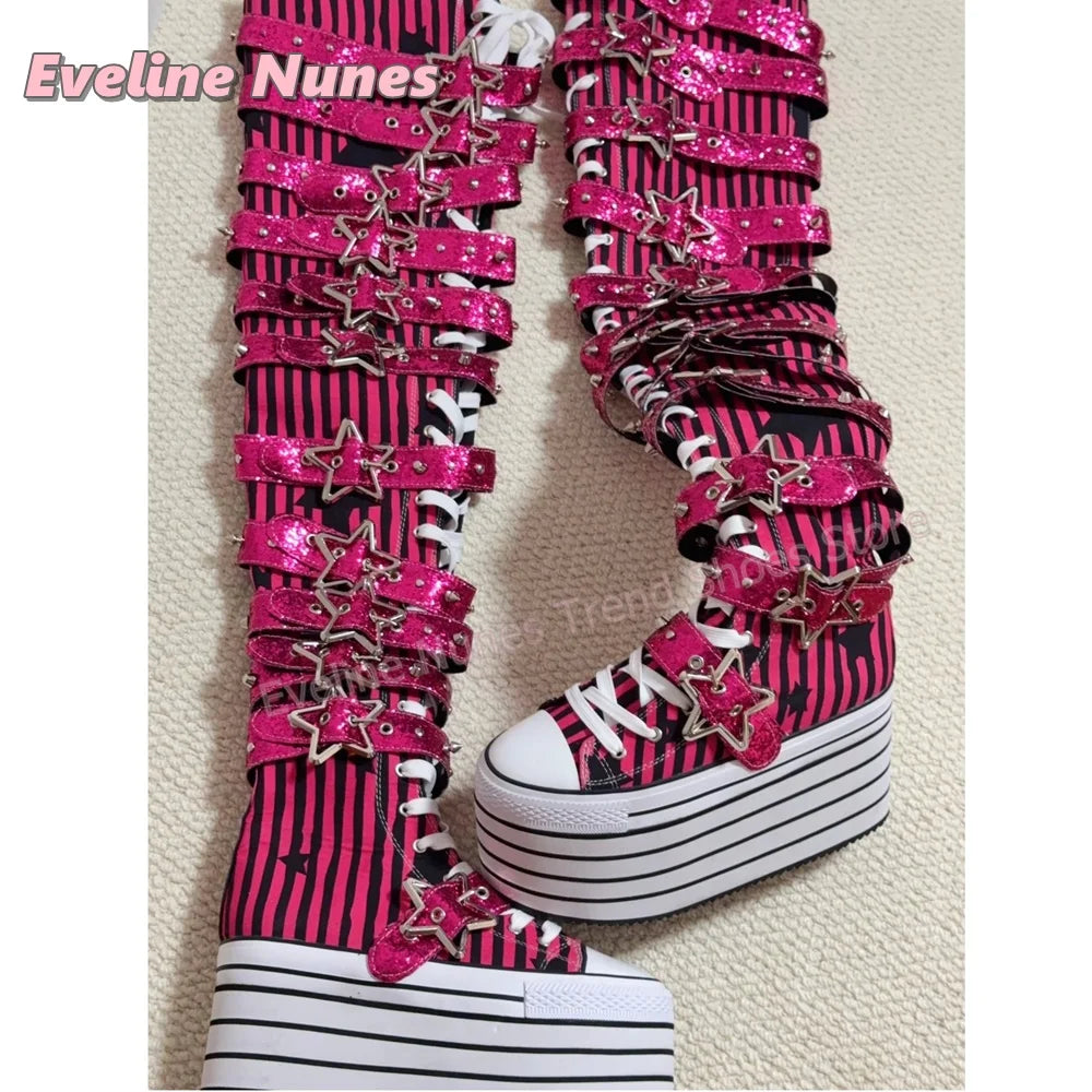 Y2K Gothic Women Vertical Stripe Over the Knee Boots Round Toe