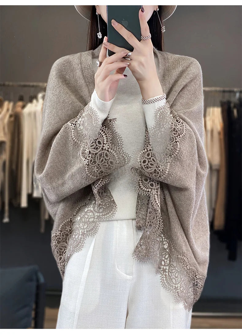 Popular Lace Edge 100% Wool Knitted Shawl Spring Autumn Thin Women's Soft, Skin friendly, Breathable, and Fashionable Cardigan