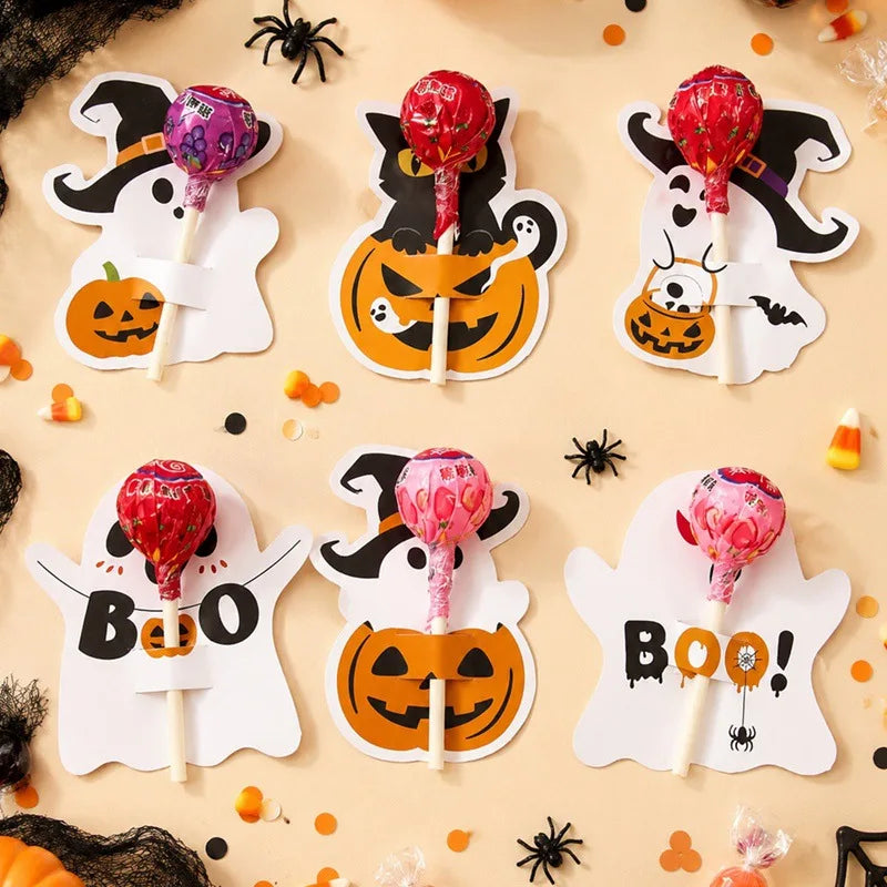 48pcs Ghost Lollipop Holder Happy Halloween Lollipop Cute Decoration Paper Card Trick Or Treat Candy Pack Halloween Party