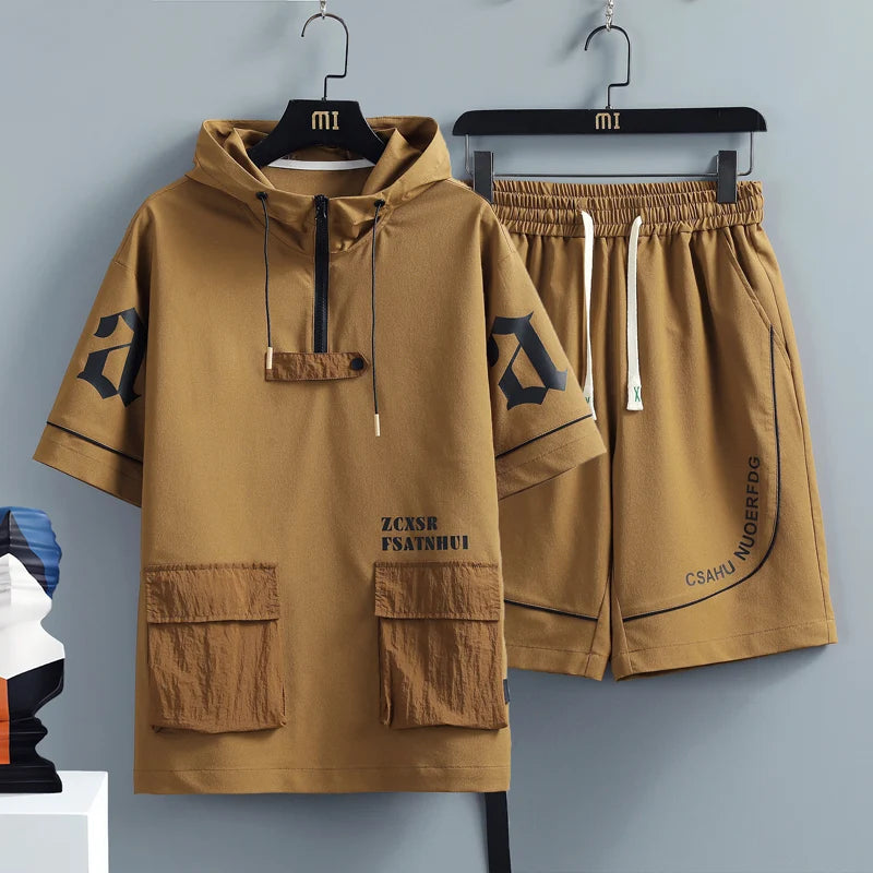 2 Pcs/Set Men Tracksuit Short Sleeve Hoodies+Pants Hooded Elastic Waist Summer Hip Hop Sweatshirt Sweatpants Loose Set