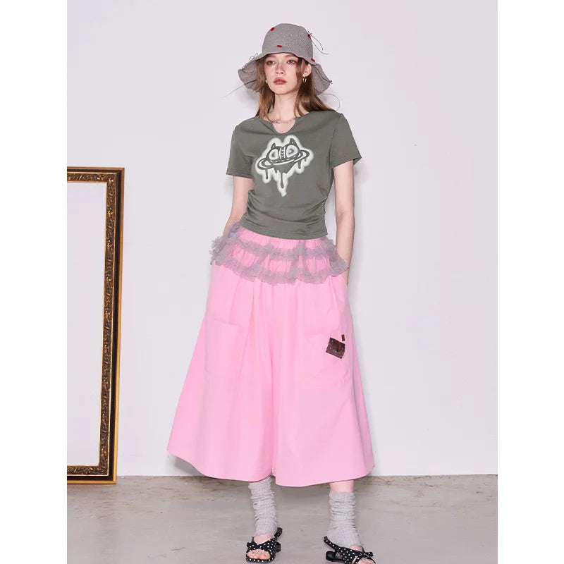 ELFSACK Pink Drippy Heart Cat Print Crop T-Shirt Y2K - - 2
