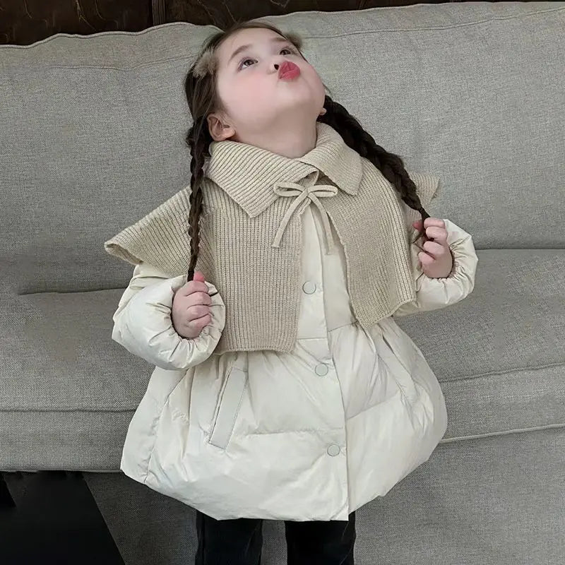Beige/Red Girls Baby Winter Coats Knitted Shawl Thick Warm Jackets Fashion Kids Children Princess Clothes Overcoats Outerwear