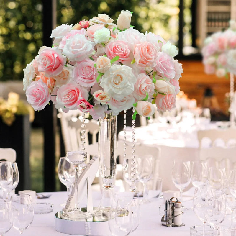 White Wedding Backdrop Decor Rose Floor Flower Runner Event Table Centerpieces Ball Pink Floral Strip Arrangement Party Props