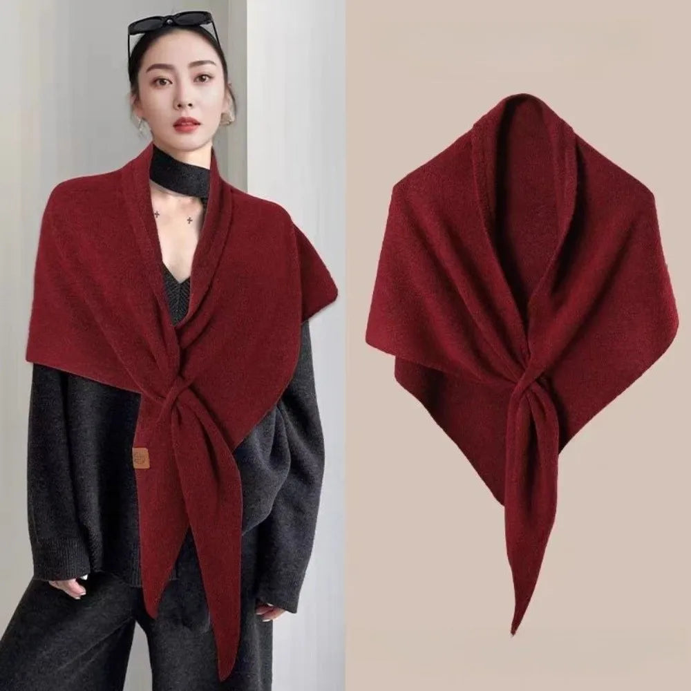 Casual Solid Color Knitted Shawl Thickened Soft Triangle Scarf Winter Warm Neck Wrap Wool Blended Shawl