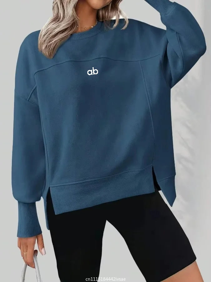 Women Autumn Winter Crew Neck Sweatshirt Long Sleeve Split‑hem