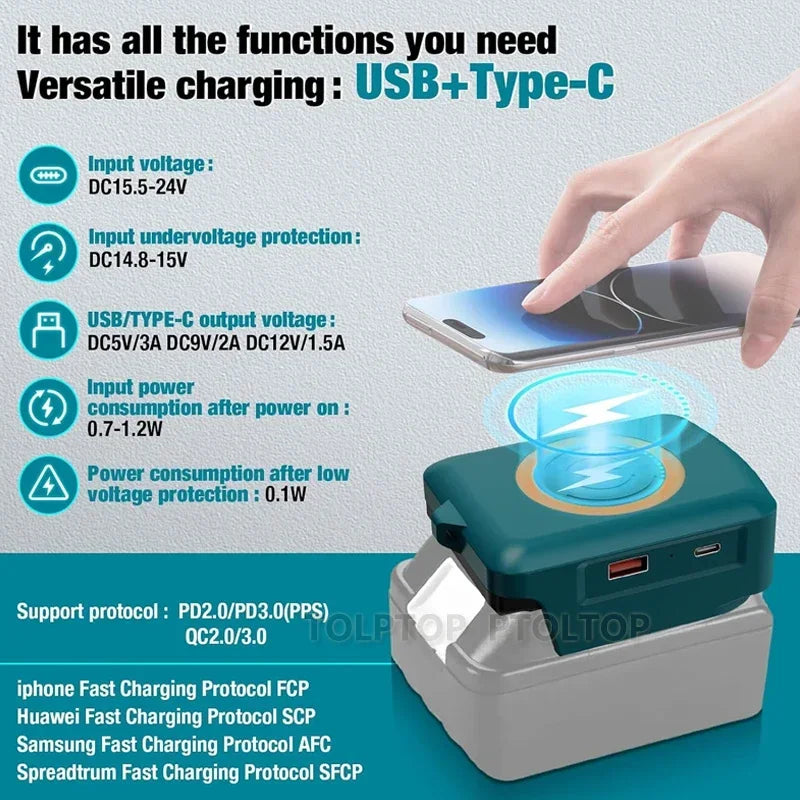 Li-ion Battery wireless Phone charger for Makita/Dewalt/Milwaukee18V with USB TYPE-C Port Fast charging Portable Power Bank