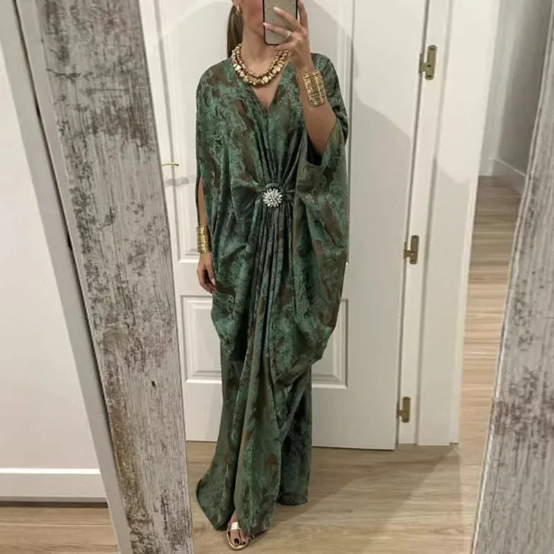 Spring Elegant Abstract Print Kaftan Dress Women's V Neck Batwing Sleeve Maxi Dress Bohemian Vacation Ruched Waist Evening Gowns