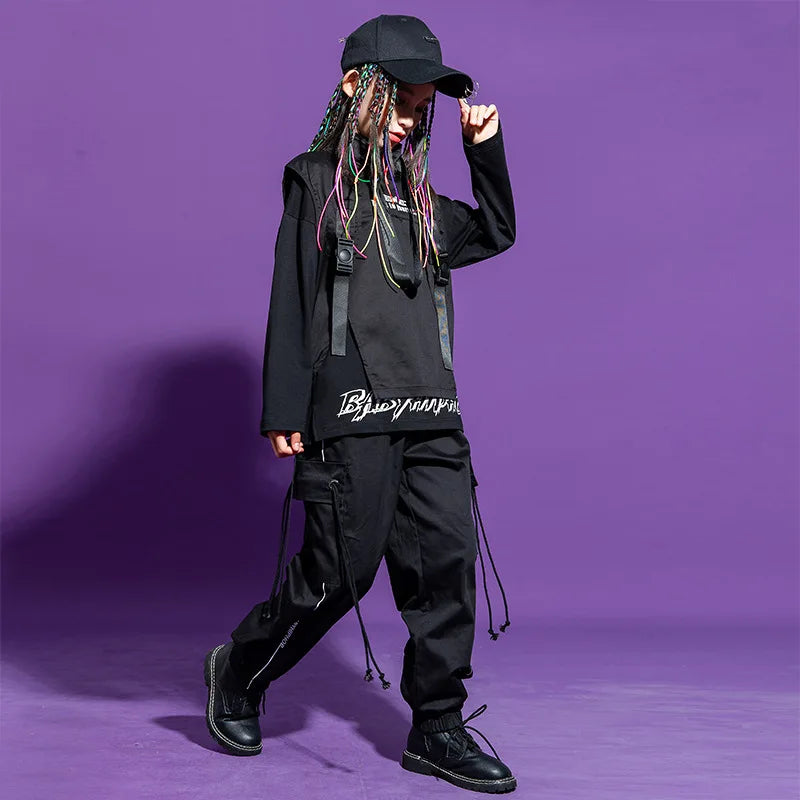 Boy Hip Hop Girl High Collar Vest Cargo Pants Outfits Child Sweatshirt Joggers Street Dance Kids Waistcoat Streetwear Costumes