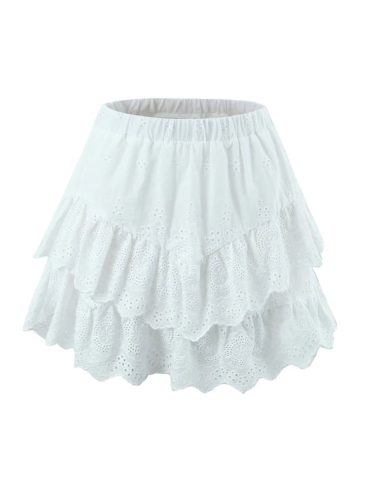 2 Pieces 1 Set Sexy Women Ruffles Elastic Shoulder Embroidery Hole Cotton Crop Top Shirt Elastic Waist Wood ears Mini Skirts