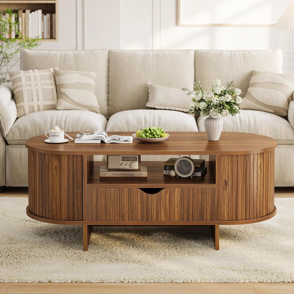 47.2in Oval Coffee Table with Storage Wood