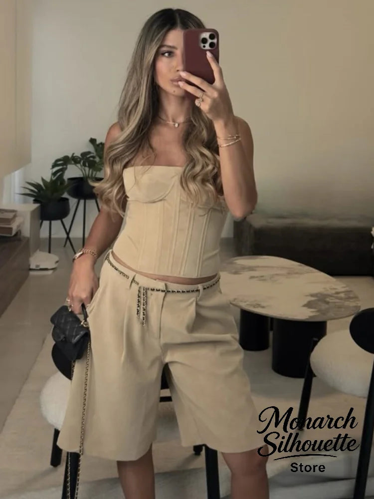 Beige Strapless Corset Shorts Set Women Y2K Sleeveless High Waist