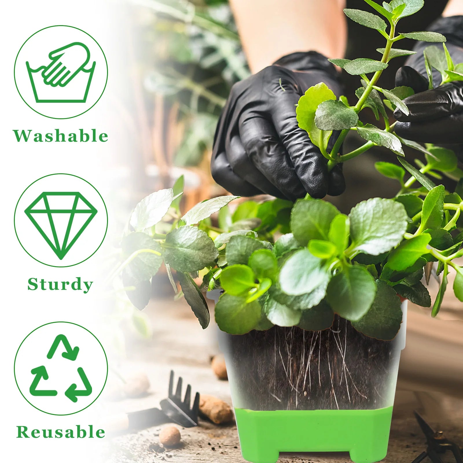 20pcs Seedling Pots - Reusable square planters with flexible silicone base and drainage holes to promote seedling root growth.