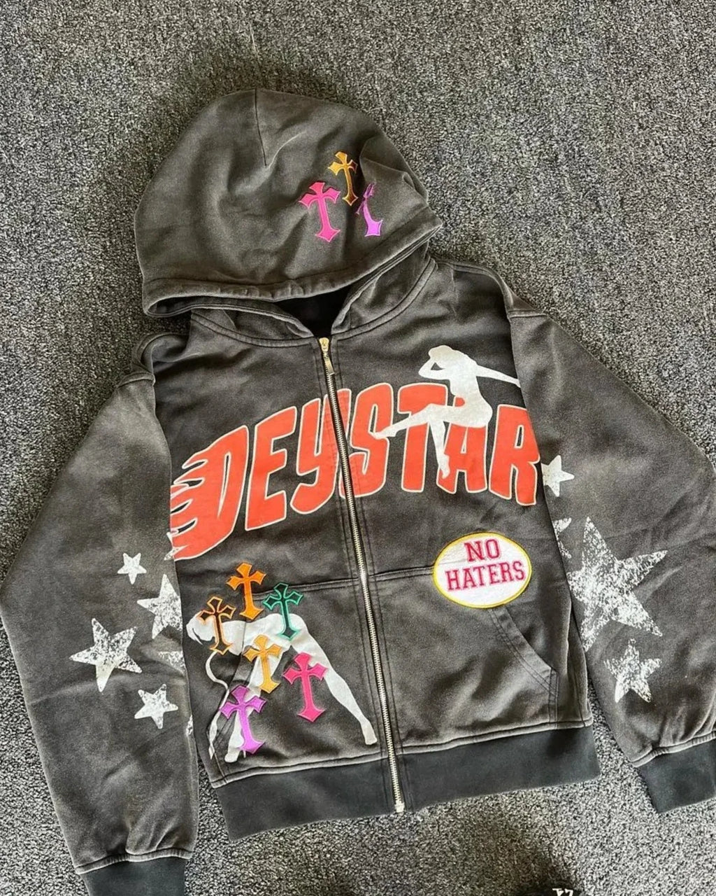 Harajuku Grunge Oversized Zip up Hoodie Sweatshirt Cross Printing