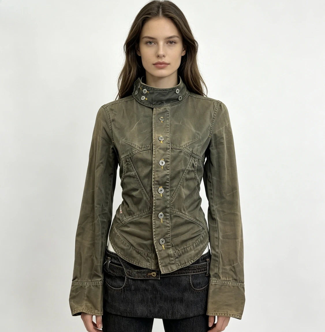 Women's Jacket Y2K Retro Street Olive Green Lace-Up Slim Denim