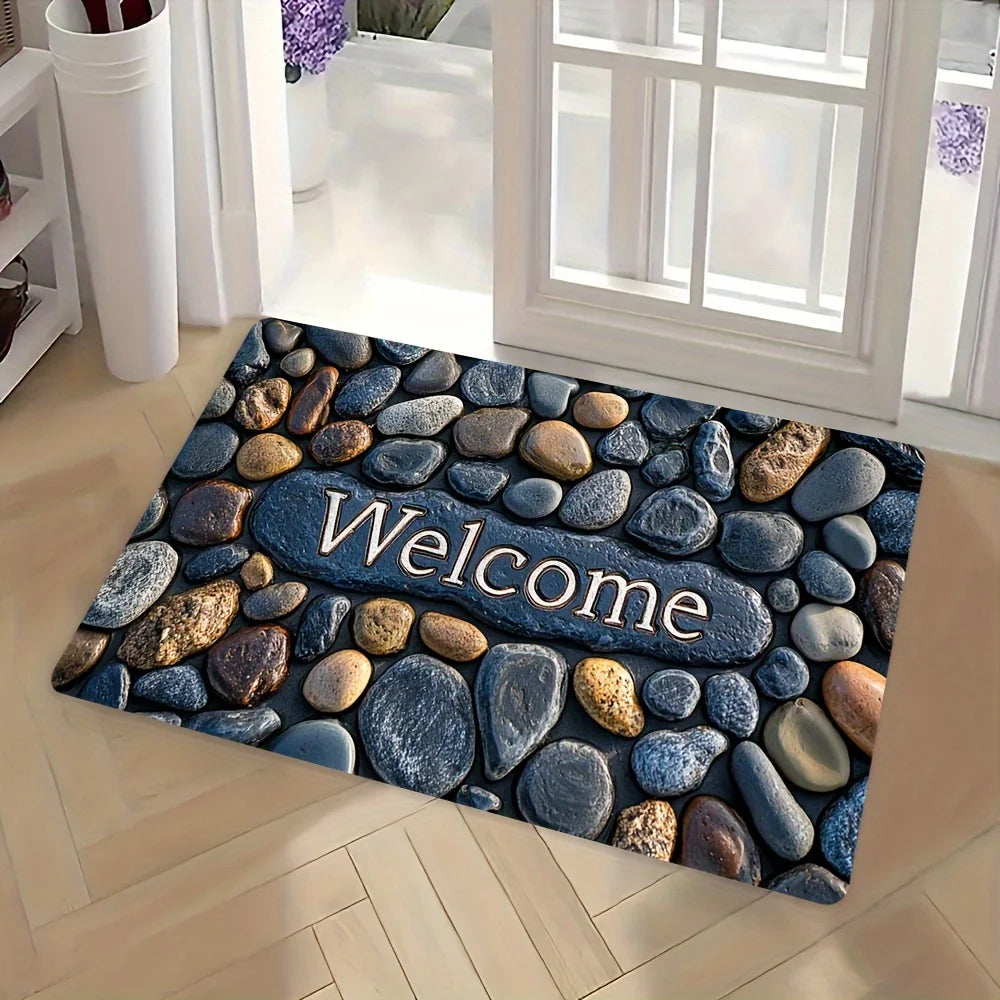 "Welcome on Pebbles" Non-Slip Floor Mat - Indoor and Outdoor Absorbent Foot Mat Suitable for Home Decoration,Durable and Stylish