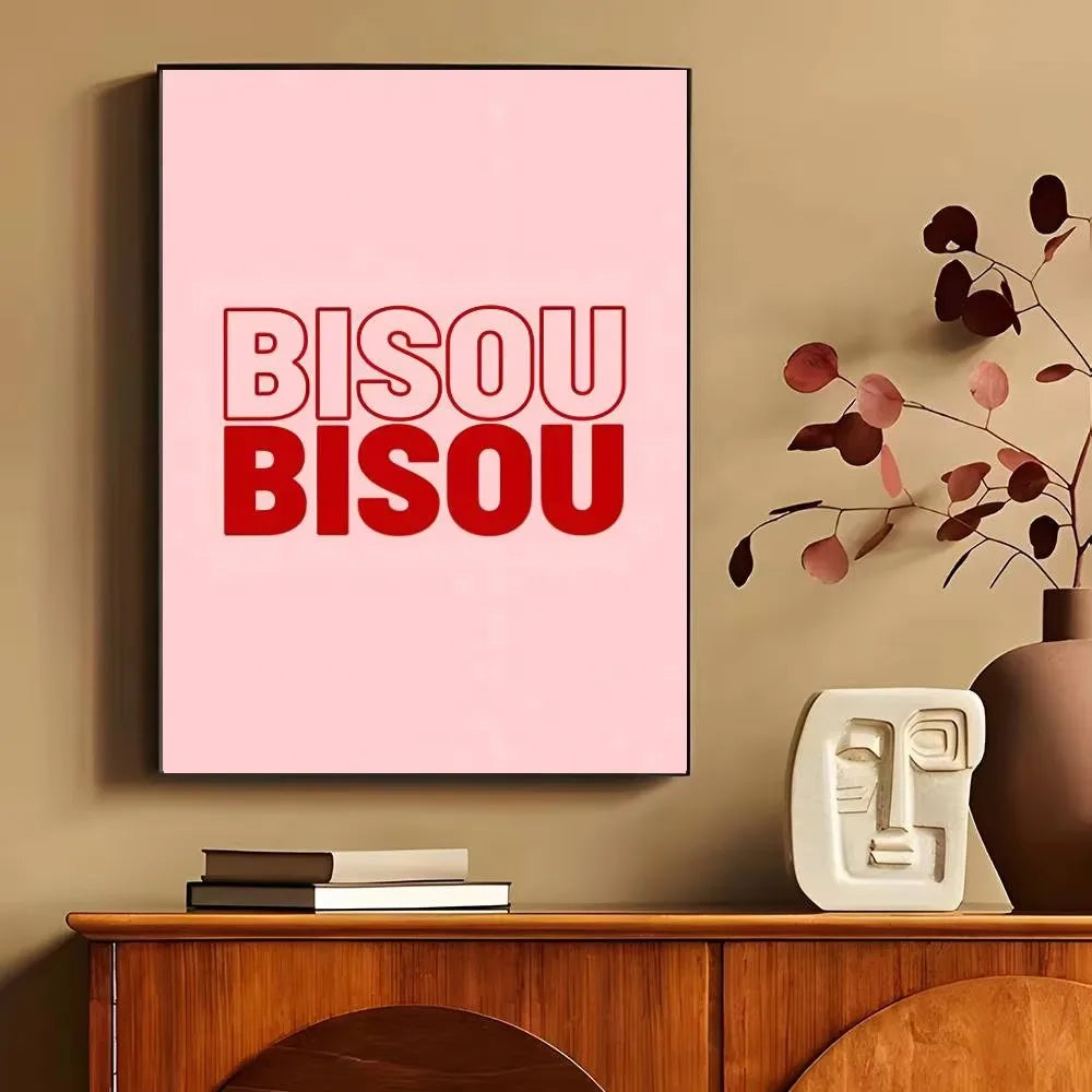 Bisou & More Amore Pink French Canvas Print Good Morning Good Night Kiss Wall Art Poster for Modern Living Room Home Decor Gifts