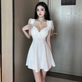 2023 Summer Women's Sexy Mature Lace spliced Short Sleeve Deep V Low cut Fashion Waist retraction Solid color A-line Dress 2ZW6