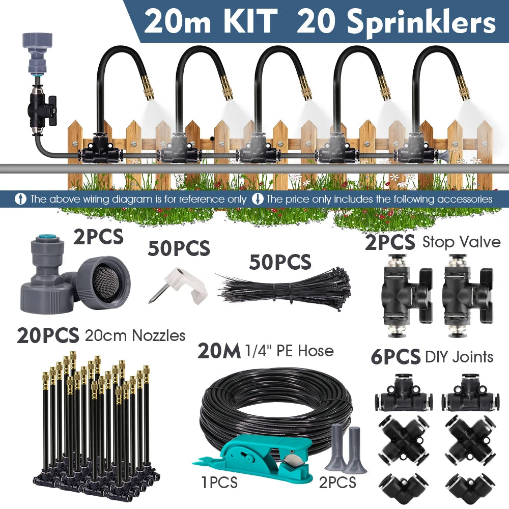 5-30m 1/4" 4/6mm Garden Misting Cooling System 360° Free-bend Misting Nozzle Adjustable Atomizer Sprayer Outdoor Watering Kits
