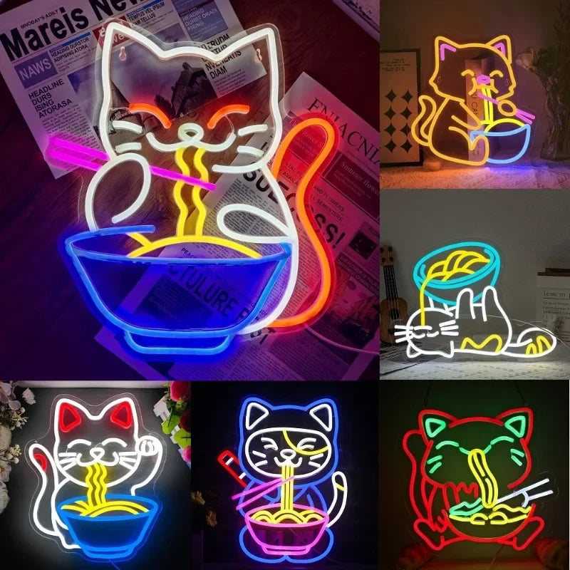 Ramen Cat Neon Sign, Bright LED for Restaurant and Cafe Decor, Japanese Kitchen Wall Art, Cat Lover Gift, Party Decoration