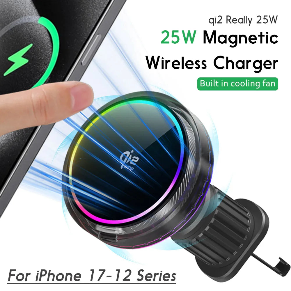 Air Cooling Car qi2 25W Magnetic Wireless Charger RGB Light  Phone Holder For Magsafe iPhone 17 16 15 14 13 12 Fast Charging