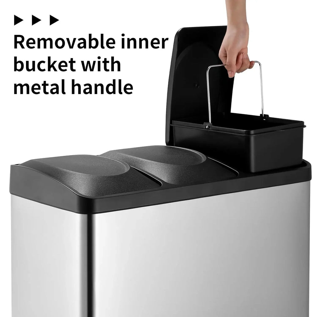 Garbage Can for Kitchen, Trash Can 3 Compartments, Stainless Steel, Recycle Bin with Soft-Close Lids, 3 x 8 /3x15L Plastic Inner