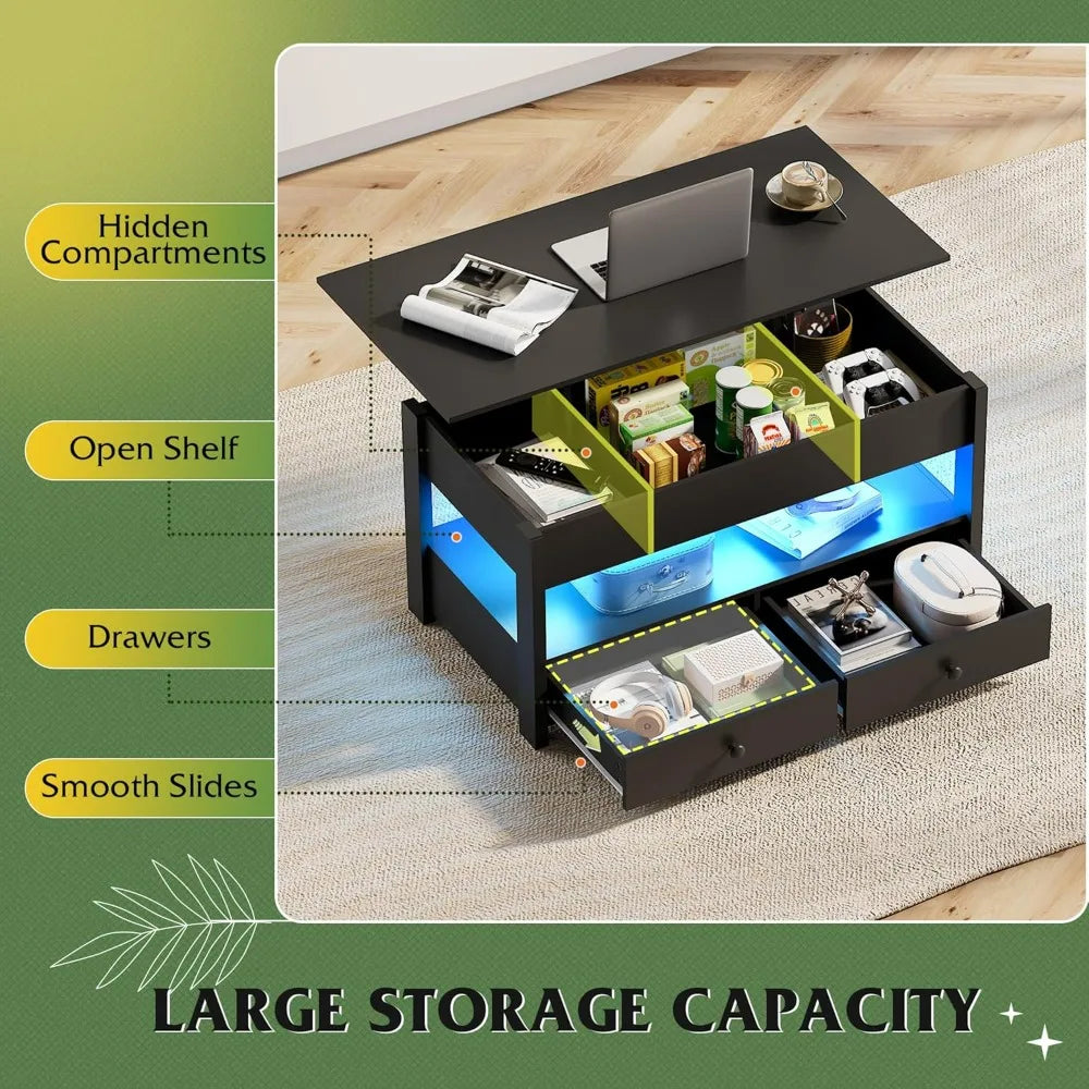 WLIVE Black Lift Top Coffee Table with 2 Drawers