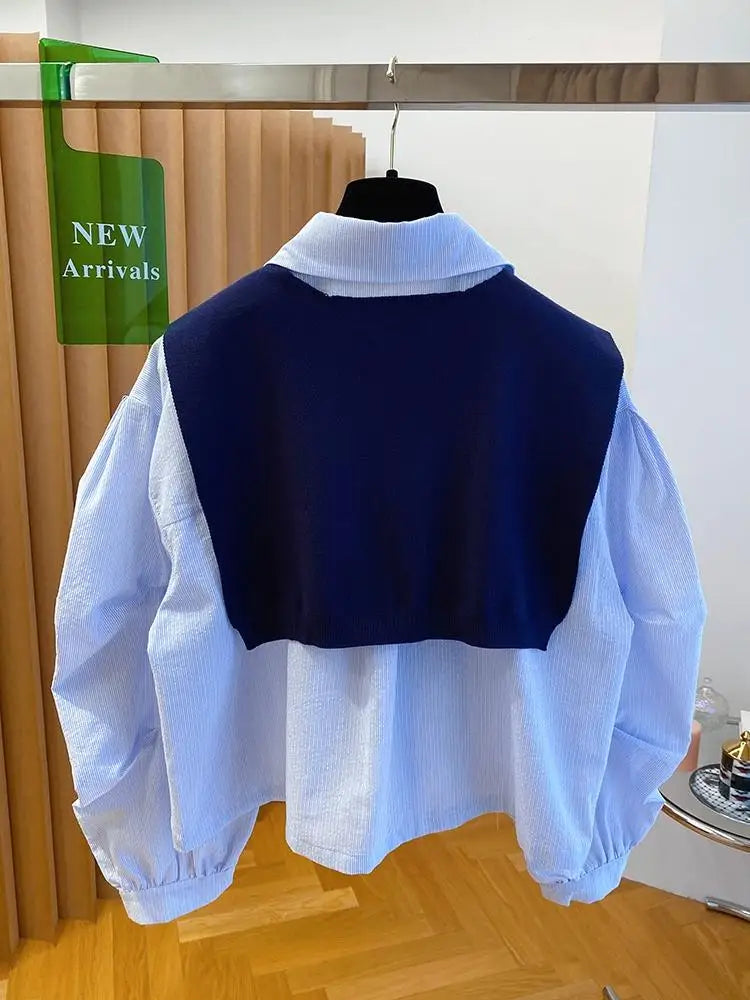 Knitted Shawl With Blue Striped Shirt For Women's Two-piece Top 2025 New Loose Layered Autumn blouse