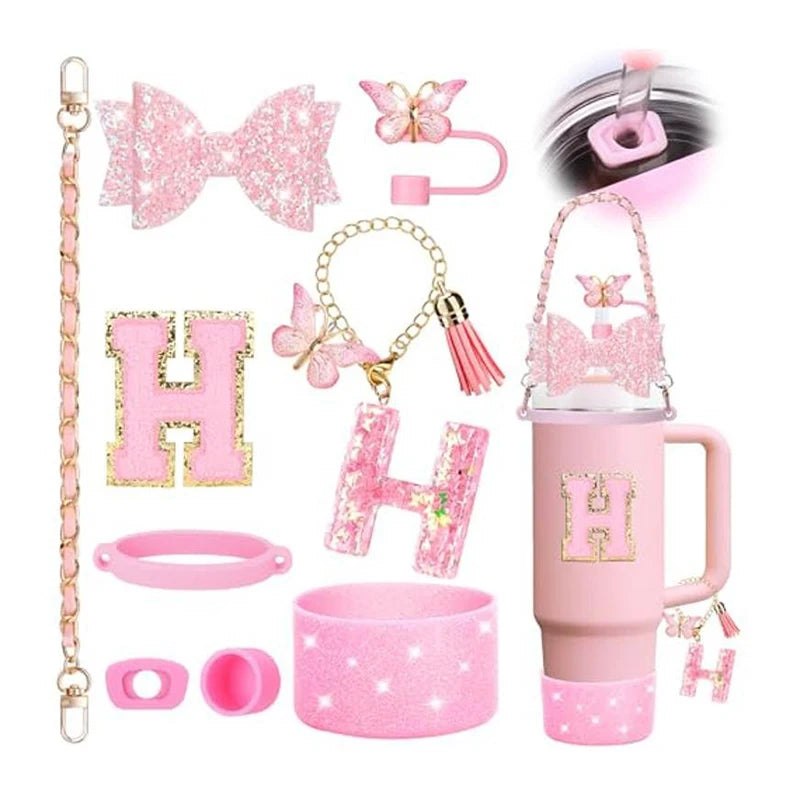 9PCS Set Bling Pink For Stanley Cup Cute Bow Letter Decoration 30oz 40oz Cup Spill Proof Stopper Keychain Handle Cup Accessoriy