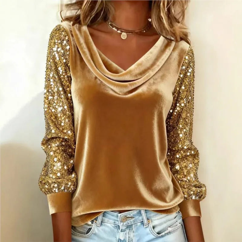 Golden Velvet Sequin Patchwork Top