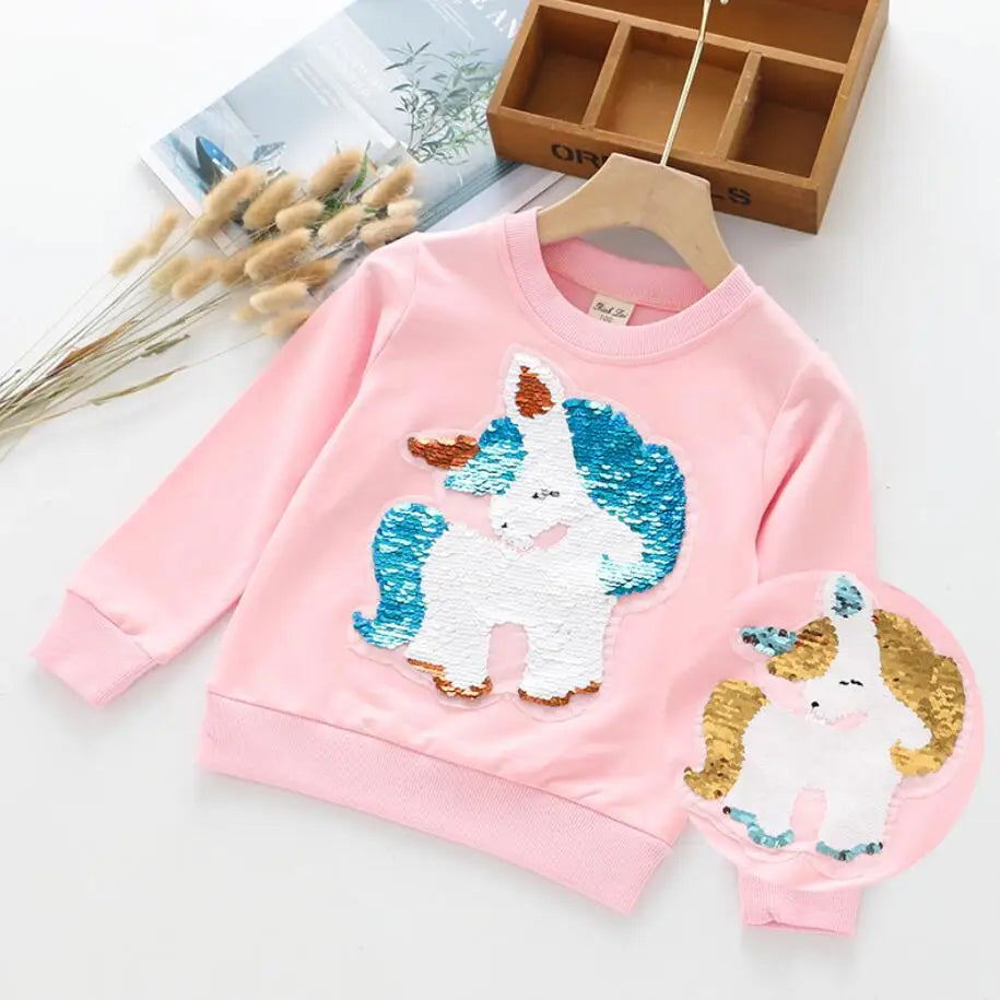 Cute Cat Baby Girls Hoody Sweatshirt Toddler Kids Cotton Sequins Cartoon Sweater Children Spring Autumn Clothes Tops