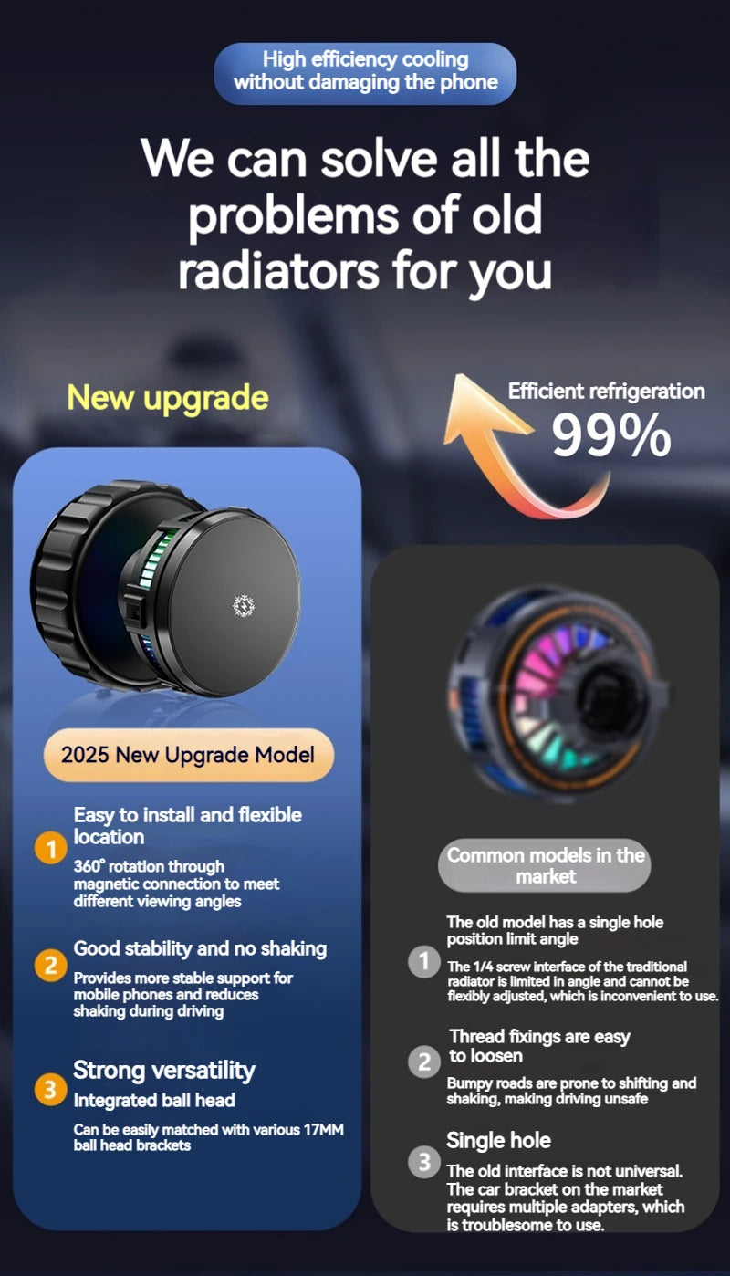 15W Car Magnetic Wireless Charger Phone Stand, Suction Cup with Semiconductor Cooling & Colorful Ambient Lights, 360° Rotatable