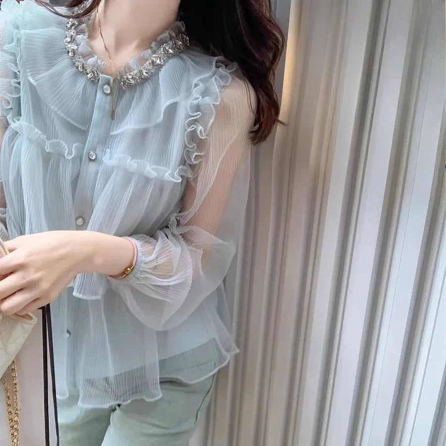 Sweet Ruffled Women Shirts 2026 Camisas De Mujer Long Sleeve Loose Blouses Vintage Single Breasted Pleated Chic Korean Blouse