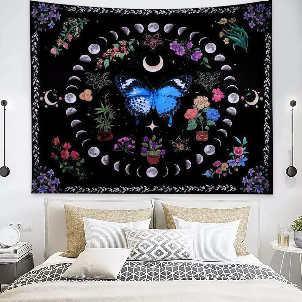 Butterflies and Moths Tapestry Black and White Flower Tapestry Wall Hanging Beach Blanket Romantic Bedroom Dorm Home Decor