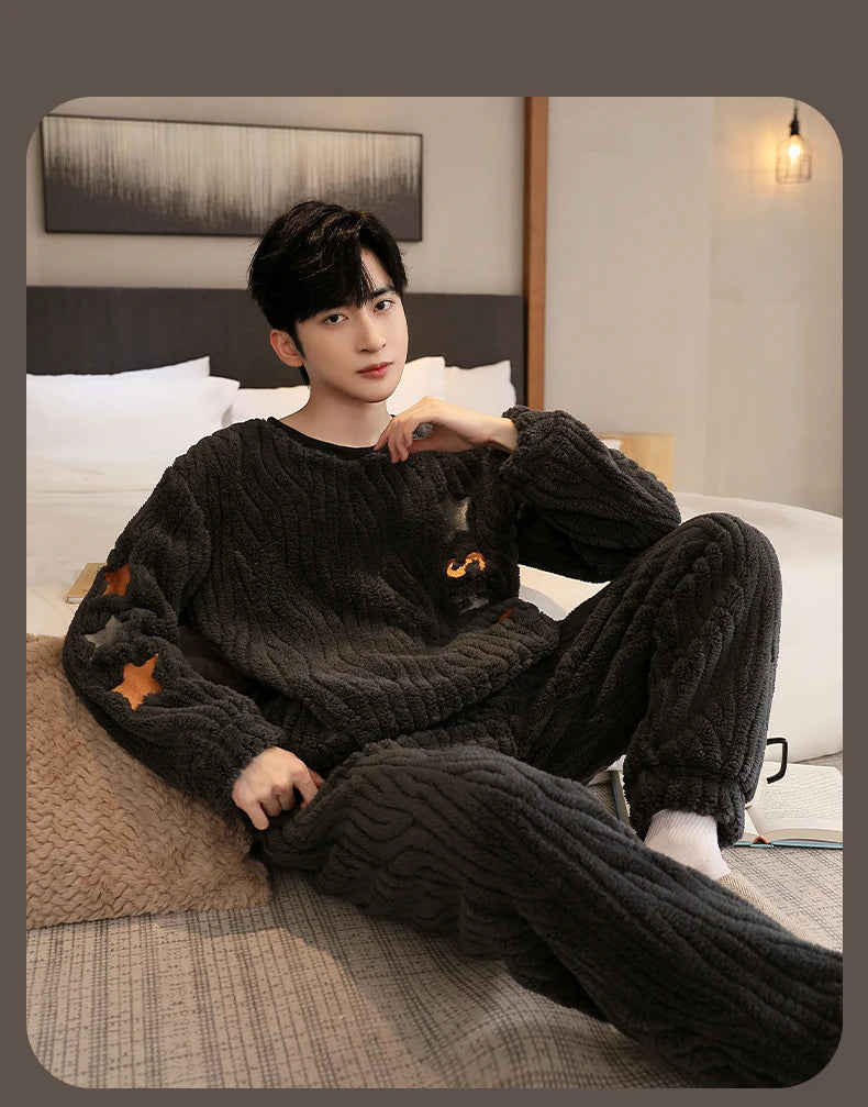 Men's Winter Jacquard Weave Flannel Pajamas Set Coral Fleece Cartoon Sleepwear Homewear Thick Warm Male Suit Fall Sweatshirt 5XL