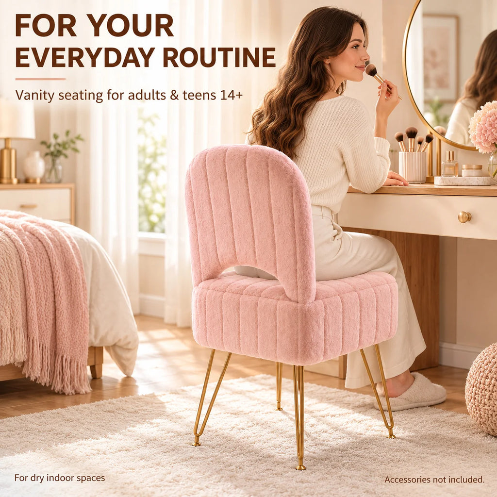 Pink Storage Vanity Chair with Adjustable Folding Backrest Memory